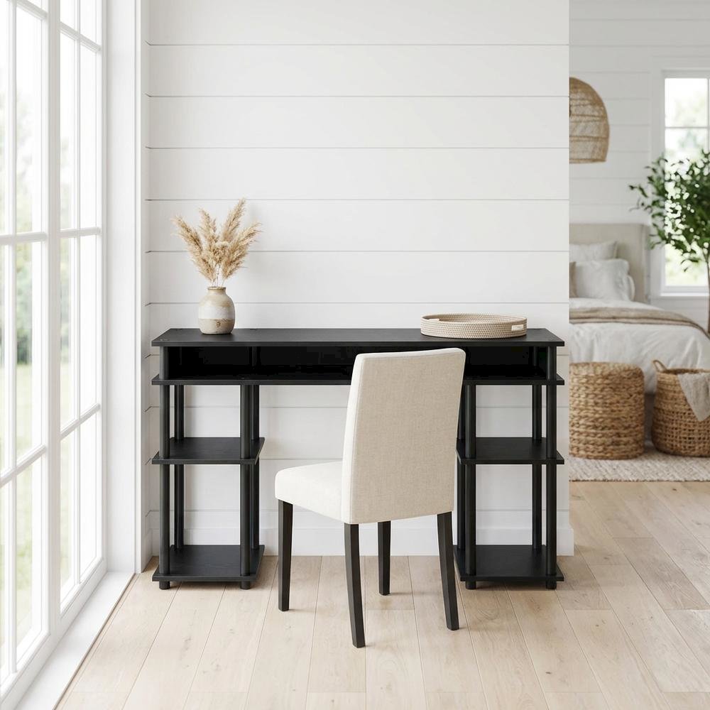 Black Student Desk, Shelves With Melamine Surface, Stainless Steel Accents