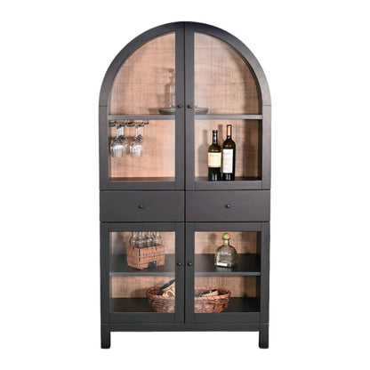 Black Solid Wood Bar Cabinet, Arched Liquor Cabinet with Glass Doors