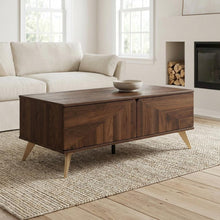 Walnut Brown Coffee Table with 2 Drawers Mid-Century Particle Board Legs