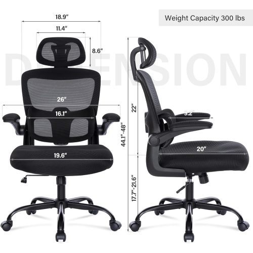 Ergonomic Mesh Office Chair with 3D Adjustable Lumbar Support, High Back Desk Chair with Flip-up Arms, Executive Computer Chair Home Office Task Swivel Rolling Chairs for Adults