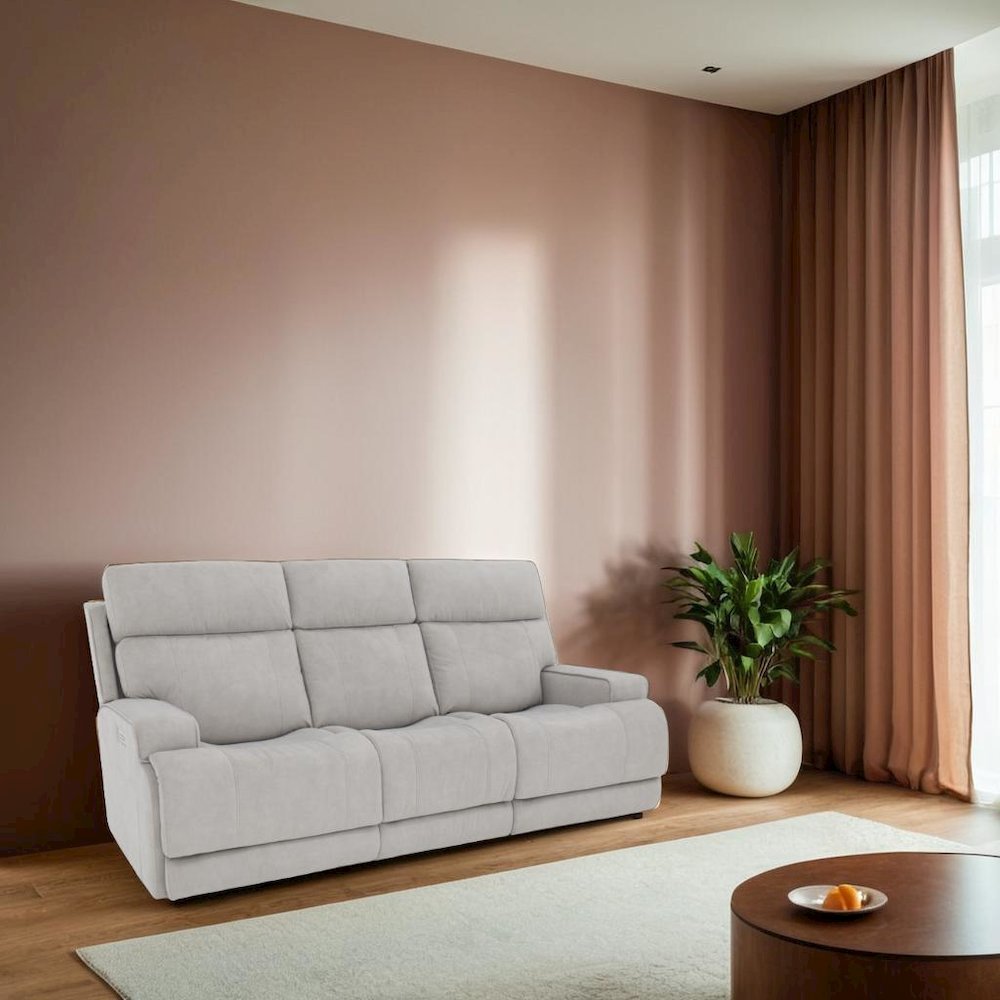 Gray Leather Power Reclining Sofa with Adjustable Headrests and Comfort