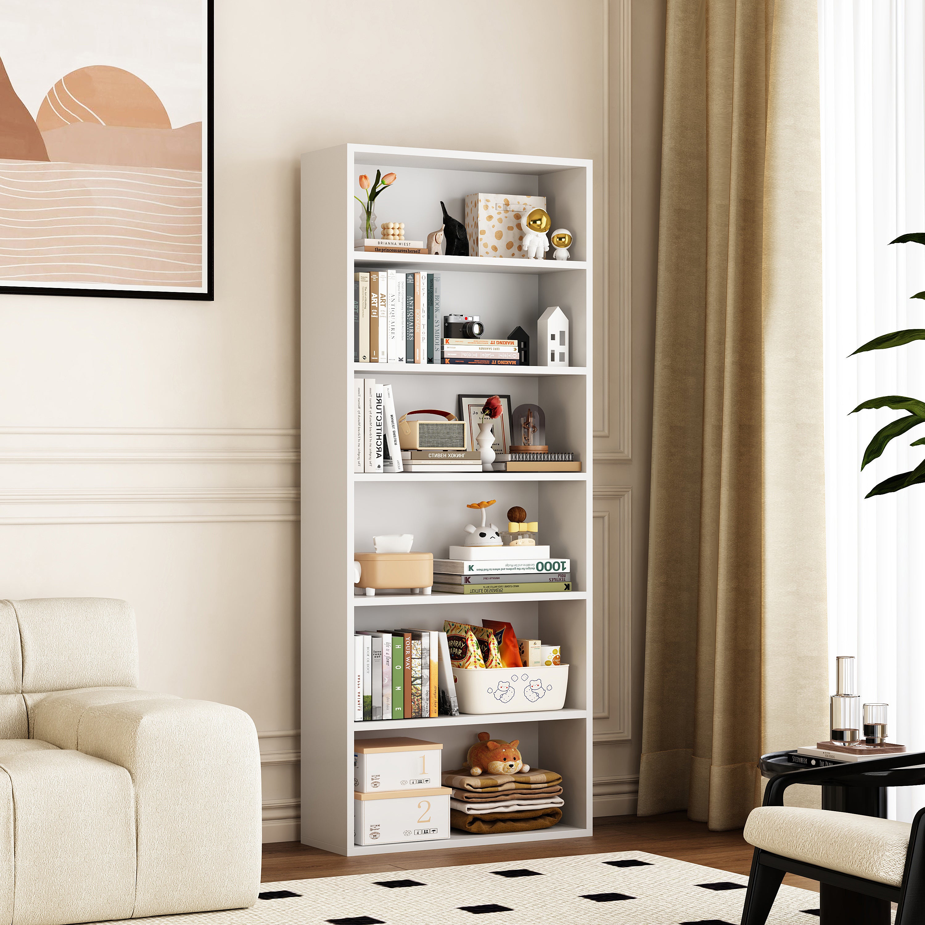 Bookshelf, 23.6 Inches Wide, 6-Tier Open Bookcase with Adjustable Storage Shelves, Floor Standing Unit, Cloud White