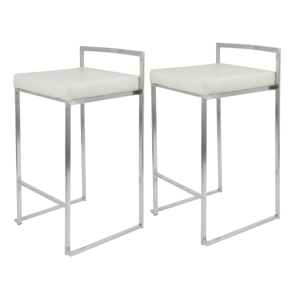 Contemporary White Faux Leather Stackable Counter Stool Set of 2