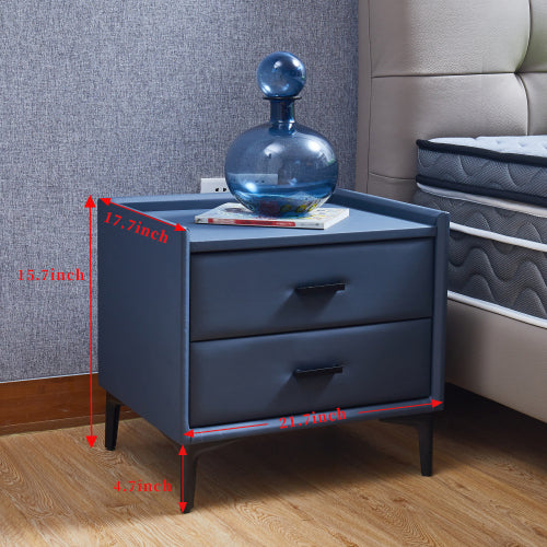 Nightstand, Modern Nightstand with 2 Drawers, Night Stand with PU Leather and Hardware Legs, End Table, Bedside Cabinet for Living Room/Bedroom (Grey blue)