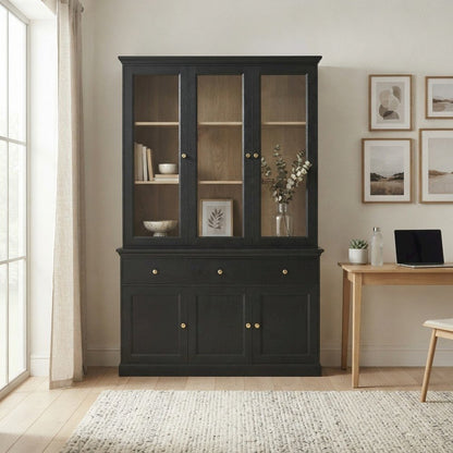 Tall Storage Display Cabinet with Glass Doors, Adjustable Shelves and Drawers