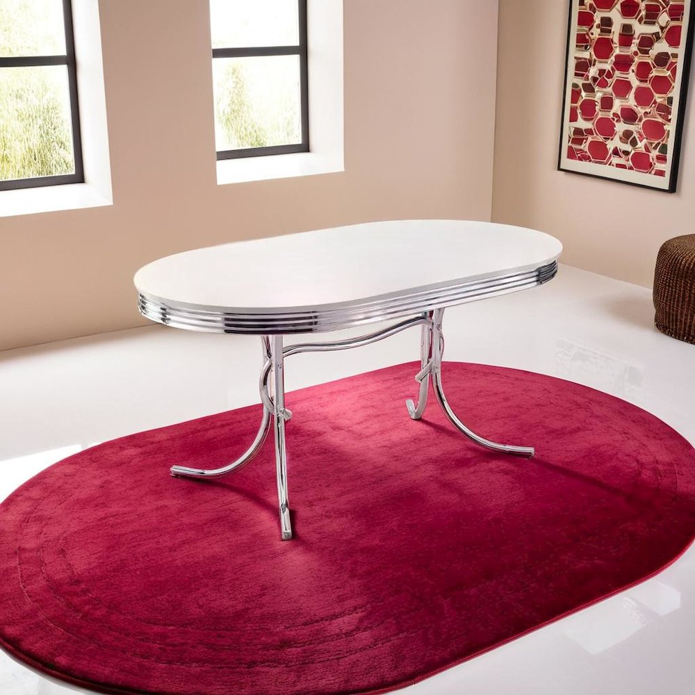 Sleek Silver Oval Dining Table with Glossy White Top and Chrome Accents