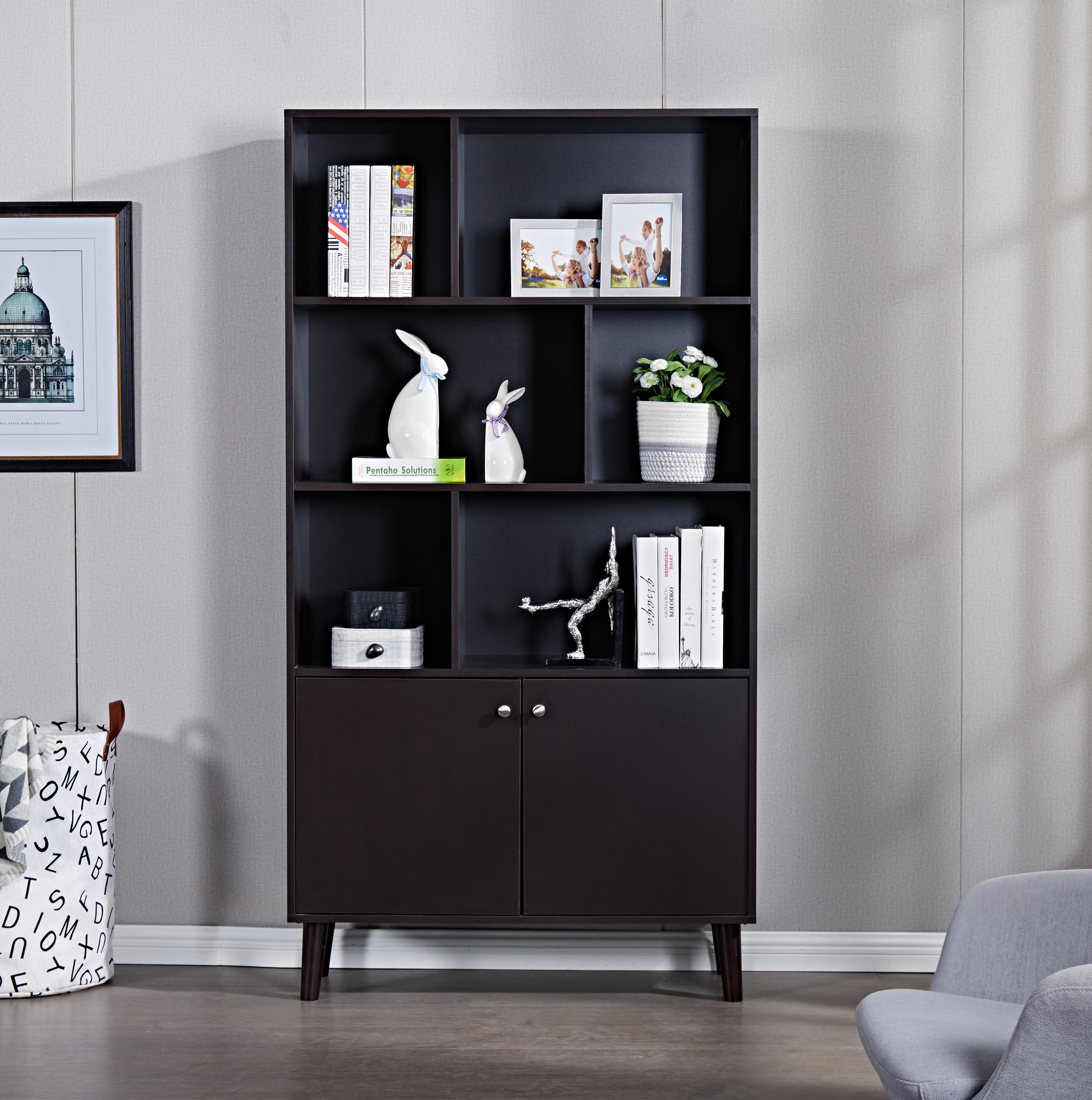 67" Bookcase with Doors, 3-tier Bookshelf, Coffee