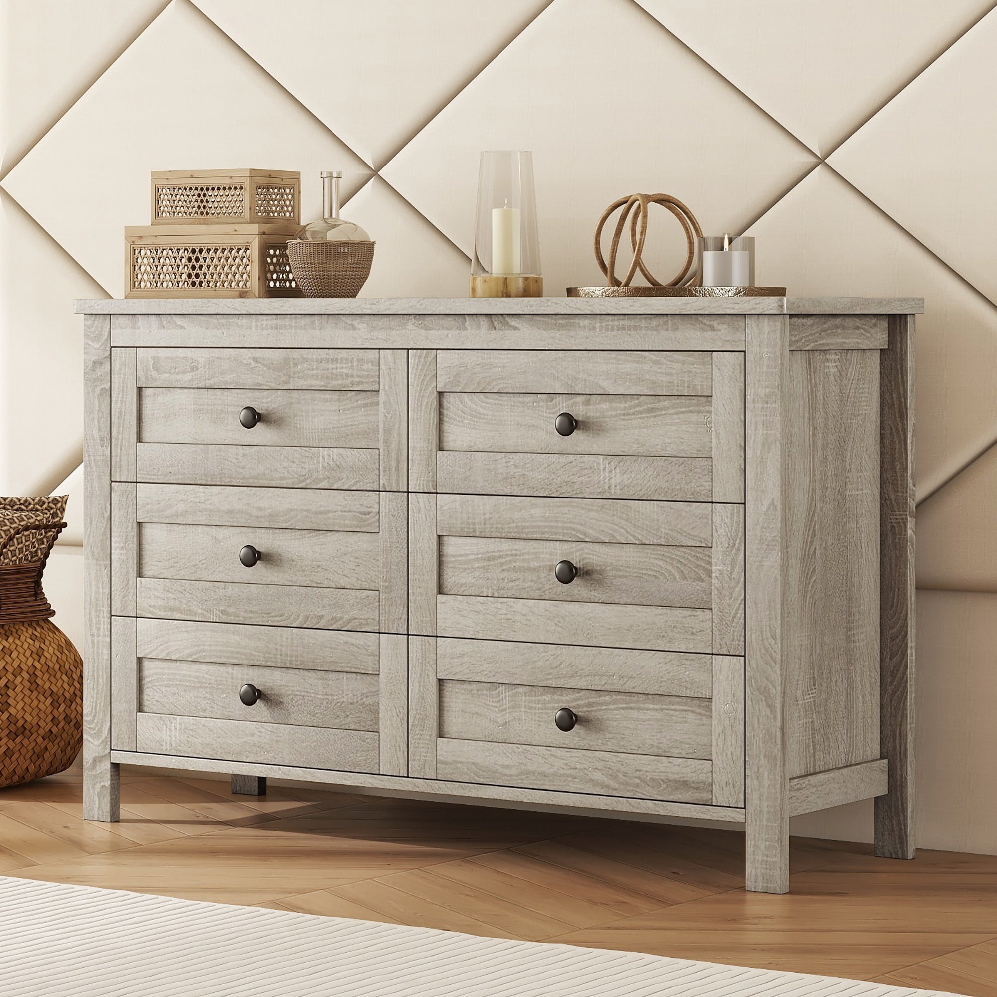 Retro Farmhouse Style Wooden Dresser with 6 Drawer, Storage Cabinet for Bedroom, Anitque Gray