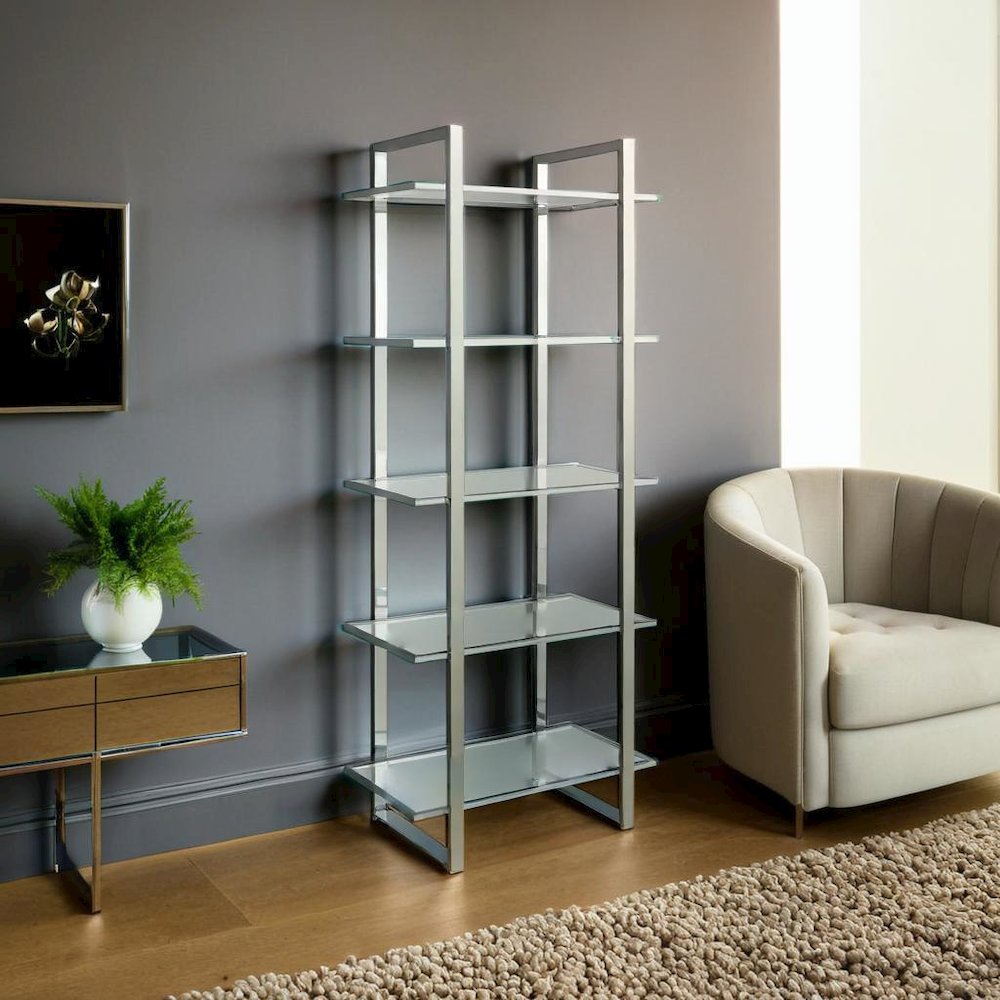 Sleek Five-Tier Bookcase with Glass Shelves and Polished Chrome Frame