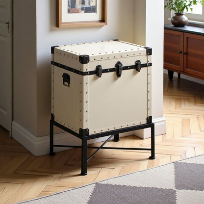 White Accent Cabinet with Nailhead Trim, Storage Trunk, Lift Top End Table
