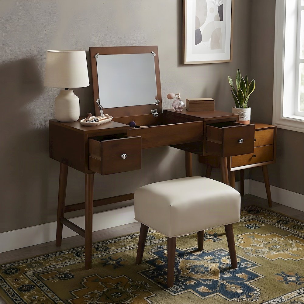 Birch Veneer Vanity Set with Flip-Top Mirror and Upholstered Stool, Brown