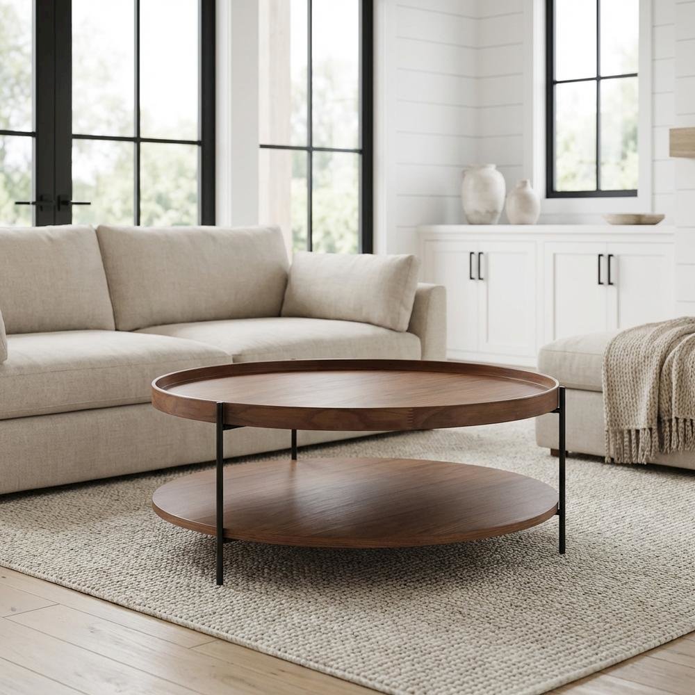 Veneer Round Coffee Table with Manufactured Wood and Metal Frame, Large