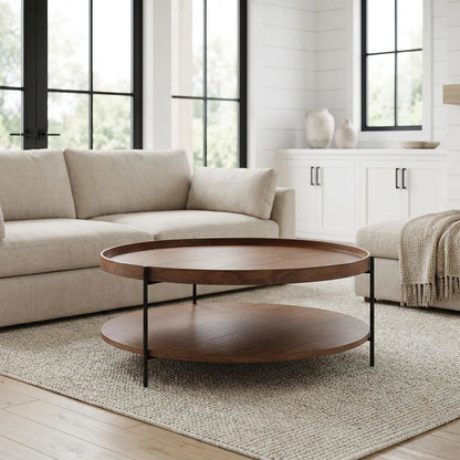 Veneer Round Coffee Table with Manufactured Wood and Metal Frame, Large