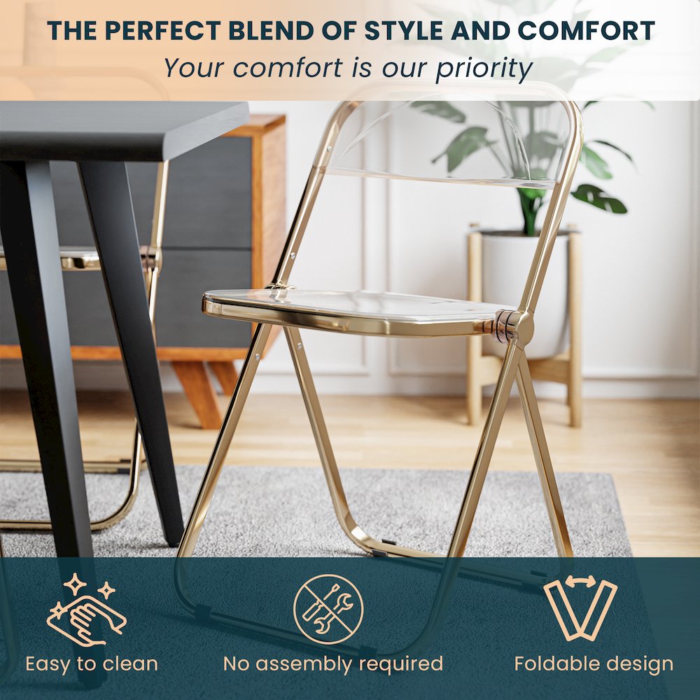 Lawrence Acrylic Folding Chair With Gold Metal Frame, Set of 4