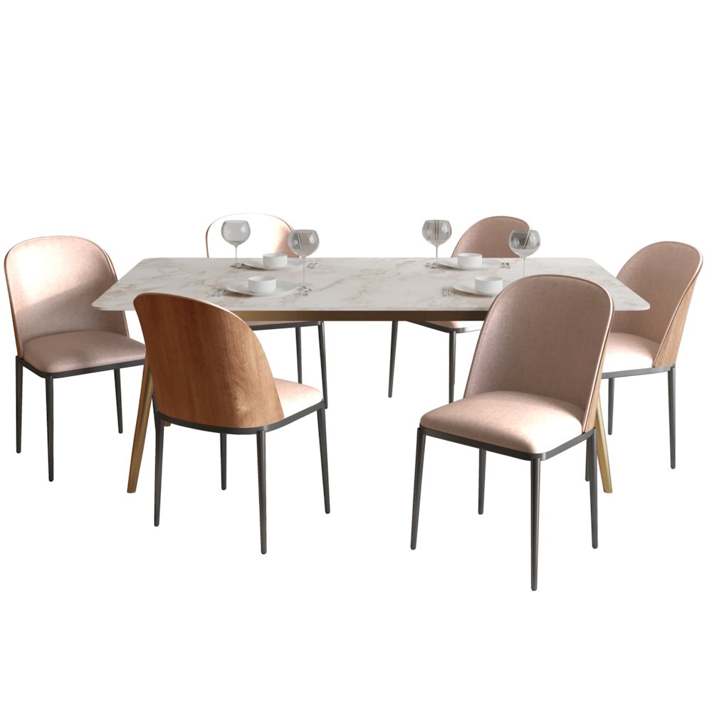 Zayle 7-Piece Dining Set with 55" Dining Side Chair in Natural Wood/Brown