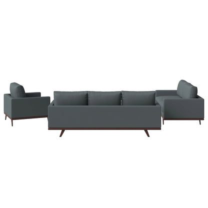 Chester 3-Piece Leather Living Room Sofa Set with Birch Wood Base Grey