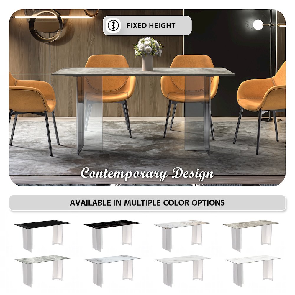 Kova Series Dining Table, Clear Base with 55" Deep Grey Sintered Stone Top