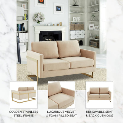 Lincoln Modern Mid-Century Upholstered Velvet Loveseat with Gold Frame
