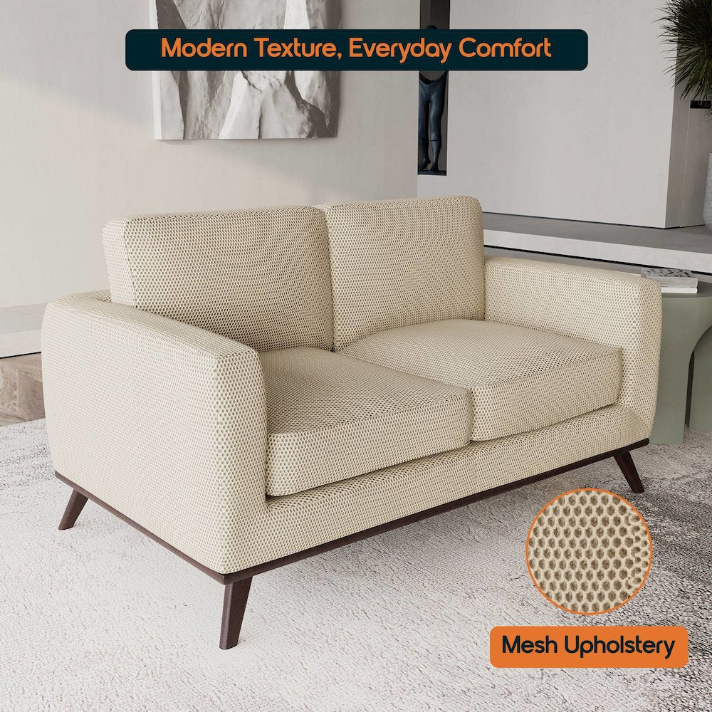 Chester Modern Faux Leather Loveseat in Beige Mesh