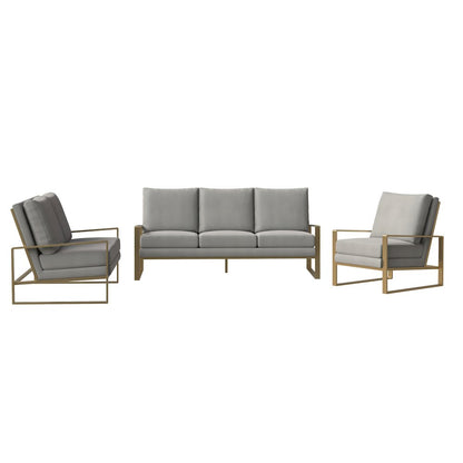 Jefferson Velvet 3-Piece Living Room Sofa Set With Elegant Gold Frame Light Grey