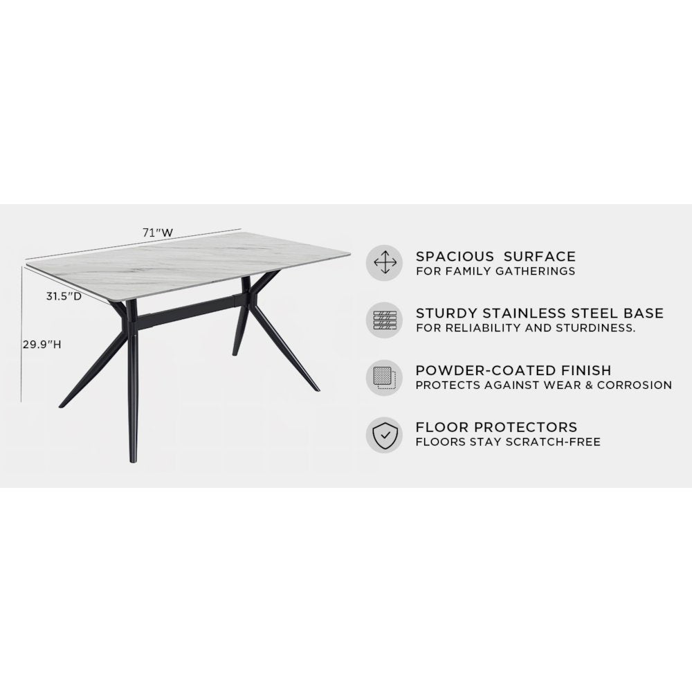 Elega Series Black Carbon Steel Dining Table 62 With White Sintered Stone Top