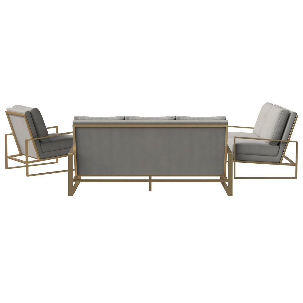 Jefferson Velvet 3-Piece Living Room Sofa Set With Elegant Gold Frame Light Grey