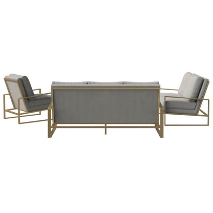 Jefferson Velvet 3-Piece Living Room Sofa Set With Elegant Gold Frame Light Grey