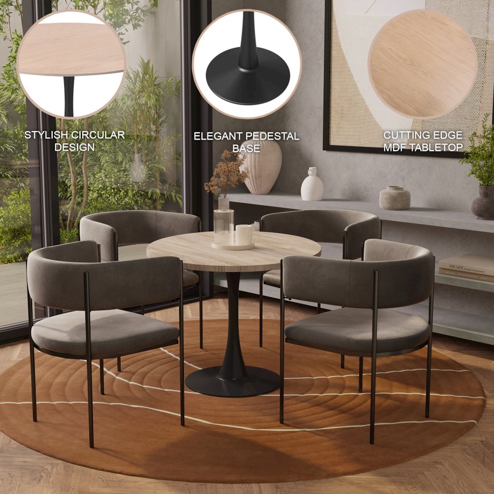 Bristol 27" Round Dining Table Black Base with Sintered Stone Natural Wood Top