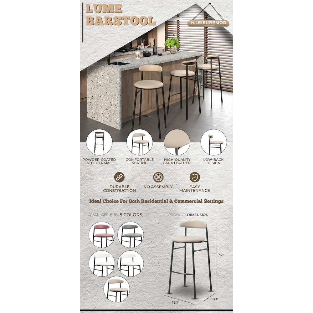 Lume Collection Modern Bar Stool in Dark Taupe