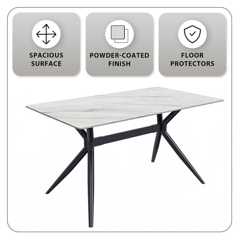 Elega Series Black Carbon Steel Dining Table 62 With White Sintered Stone Top