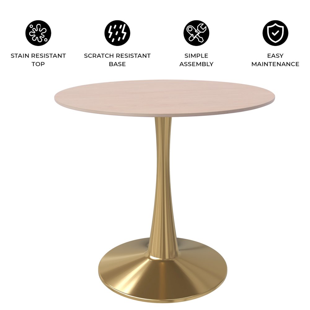 Bristol 27" Round Dining Table Gold Base with Sintered Stone Natural Wood Top