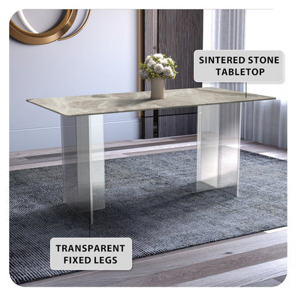 Kova Series Dining Table, Clear Base with 55" Deep Grey Sintered Stone Top
