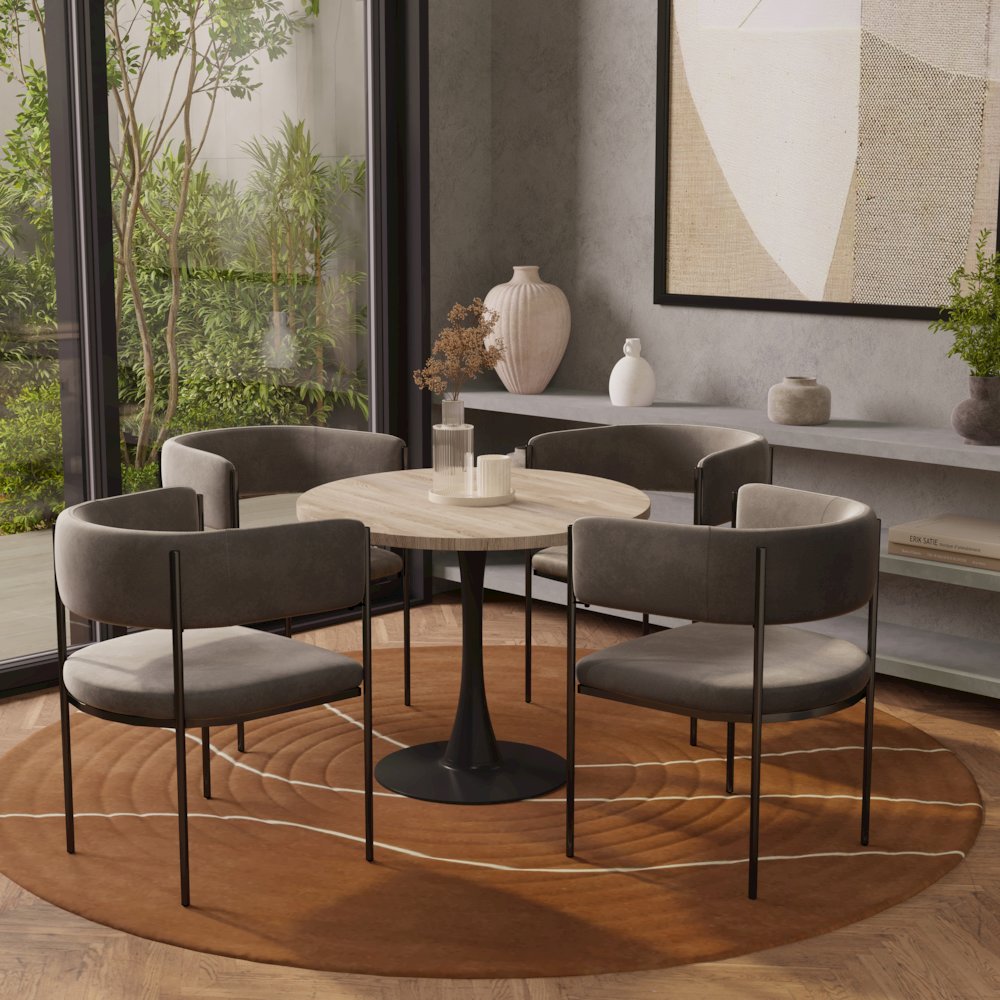 Bristol 27" Round Dining Table Black Base with Sintered Stone Natural Wood Top