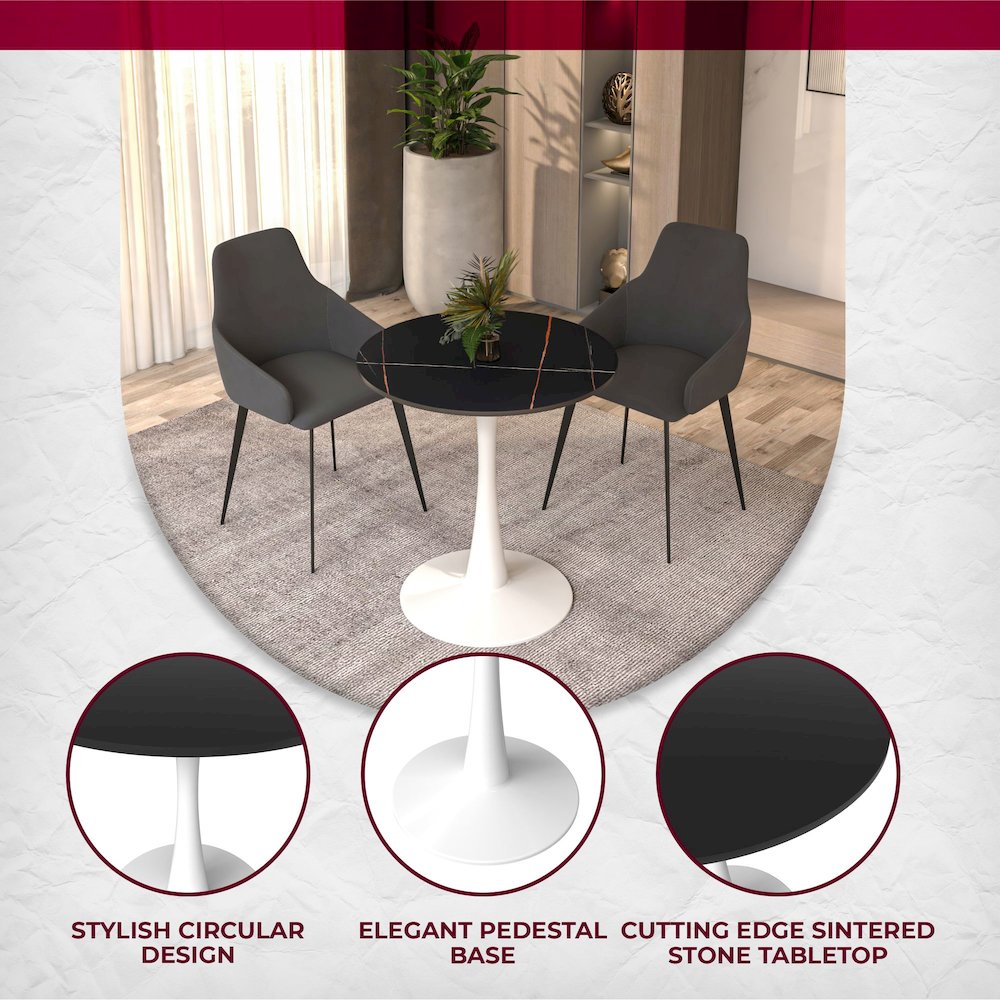 Bristol 24 round dining table White base with Black Sintered stone Top