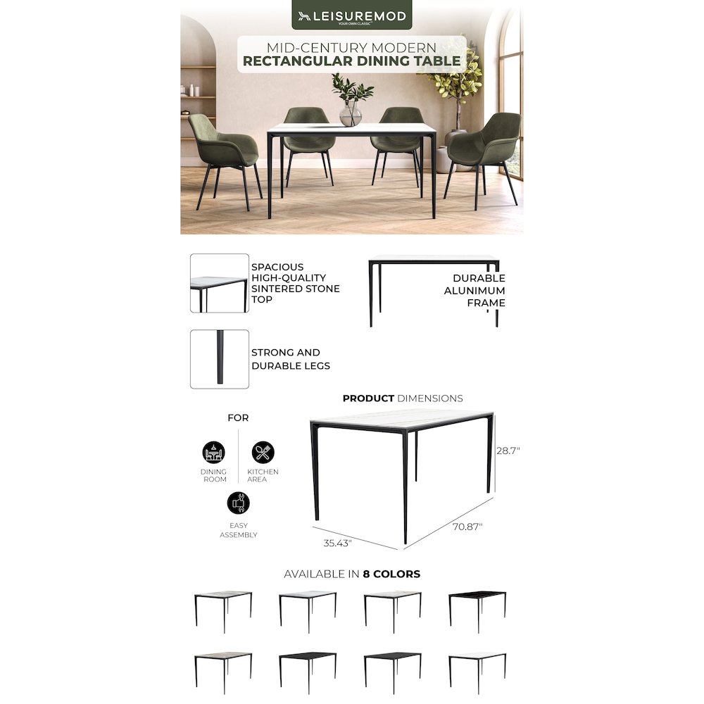 Avo Series Modern Dining Table Black Base, With 55 White/Gold Sintered Stone Top