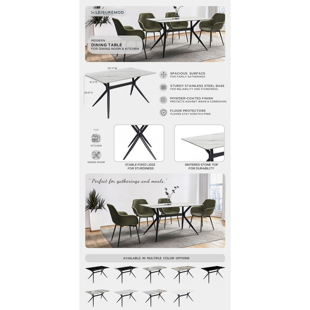Elega Series Black Carbon Steel Dining Table 62 With White Sintered Stone Top