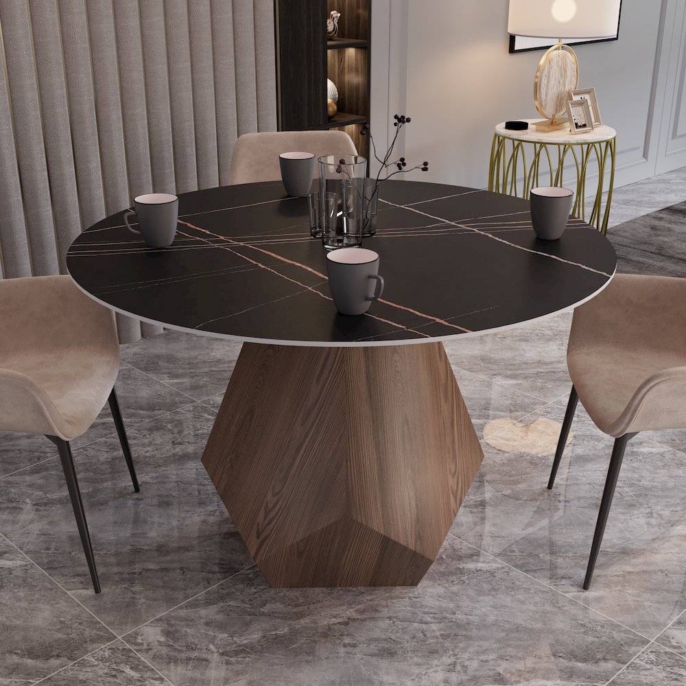 Nebo Modern Dining Table in Walnut Base with Black Sintered Stone  Top