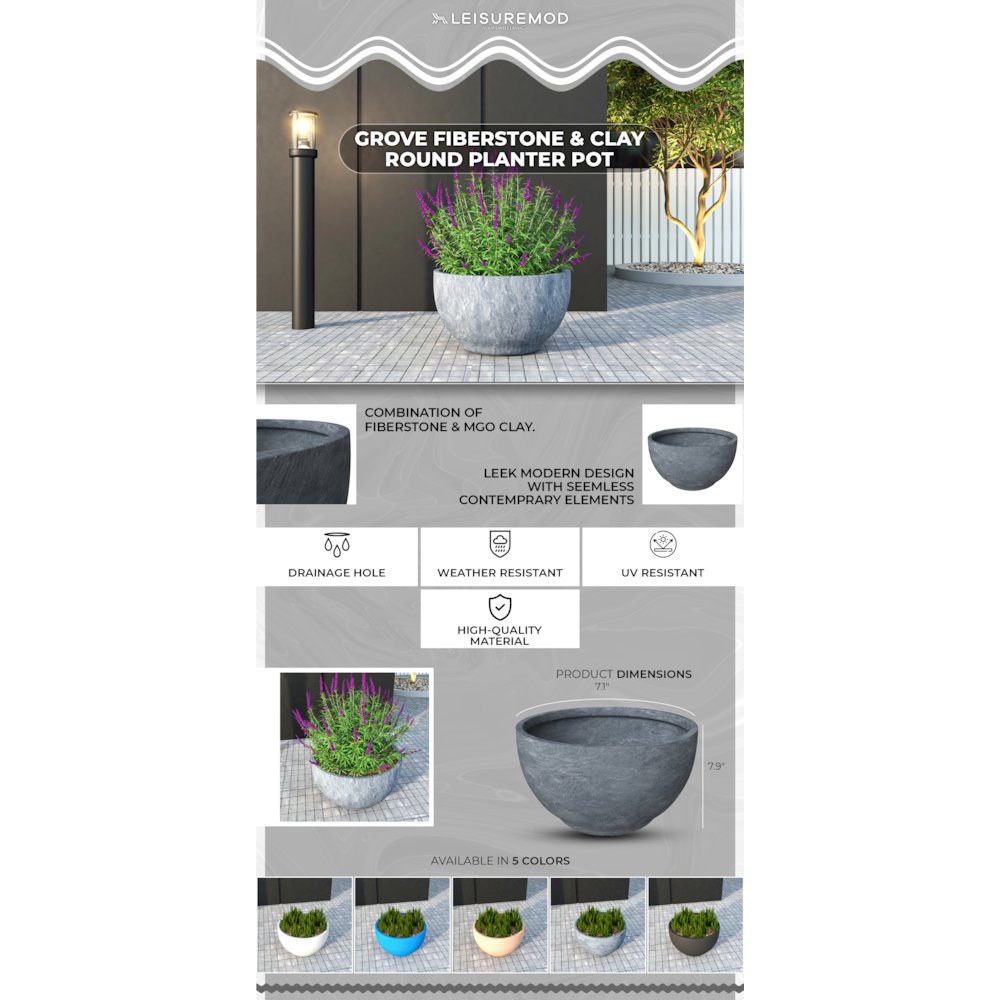 Grove Series Hemisphere Poly Clay Planter in Aged Concrete 14.9 Dia, 7.8 High