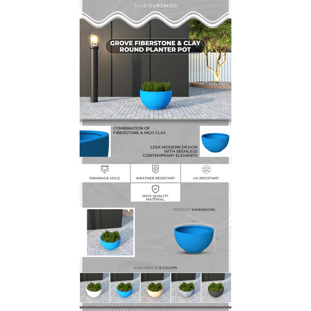 Grove Series Hemisphere Poly Clay Planter in Blue 10.6 Dia, 5.9 High