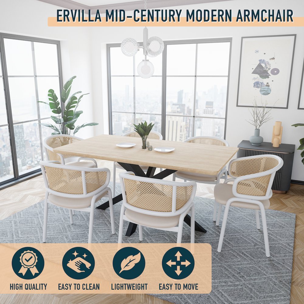 Ervilla Modern Dining Chair with White Powder Coated Steel Legs and Wicker Back