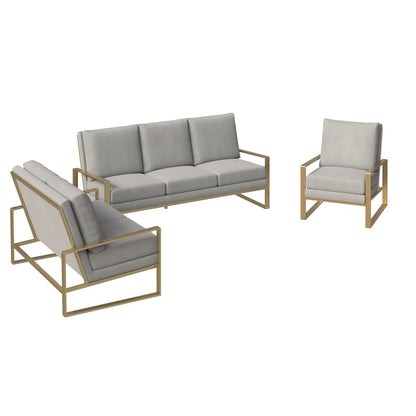 Jefferson Velvet 3-Piece Living Room Sofa Set With Elegant Gold Frame Light Grey
