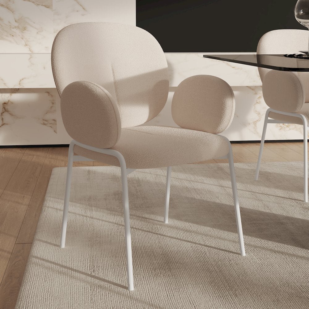 Celestial Series Boucle Dining Arm Chair, White Frame with White Fabric