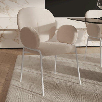 Celestial Series Boucle Dining Arm Chair, White Frame with White Fabric
