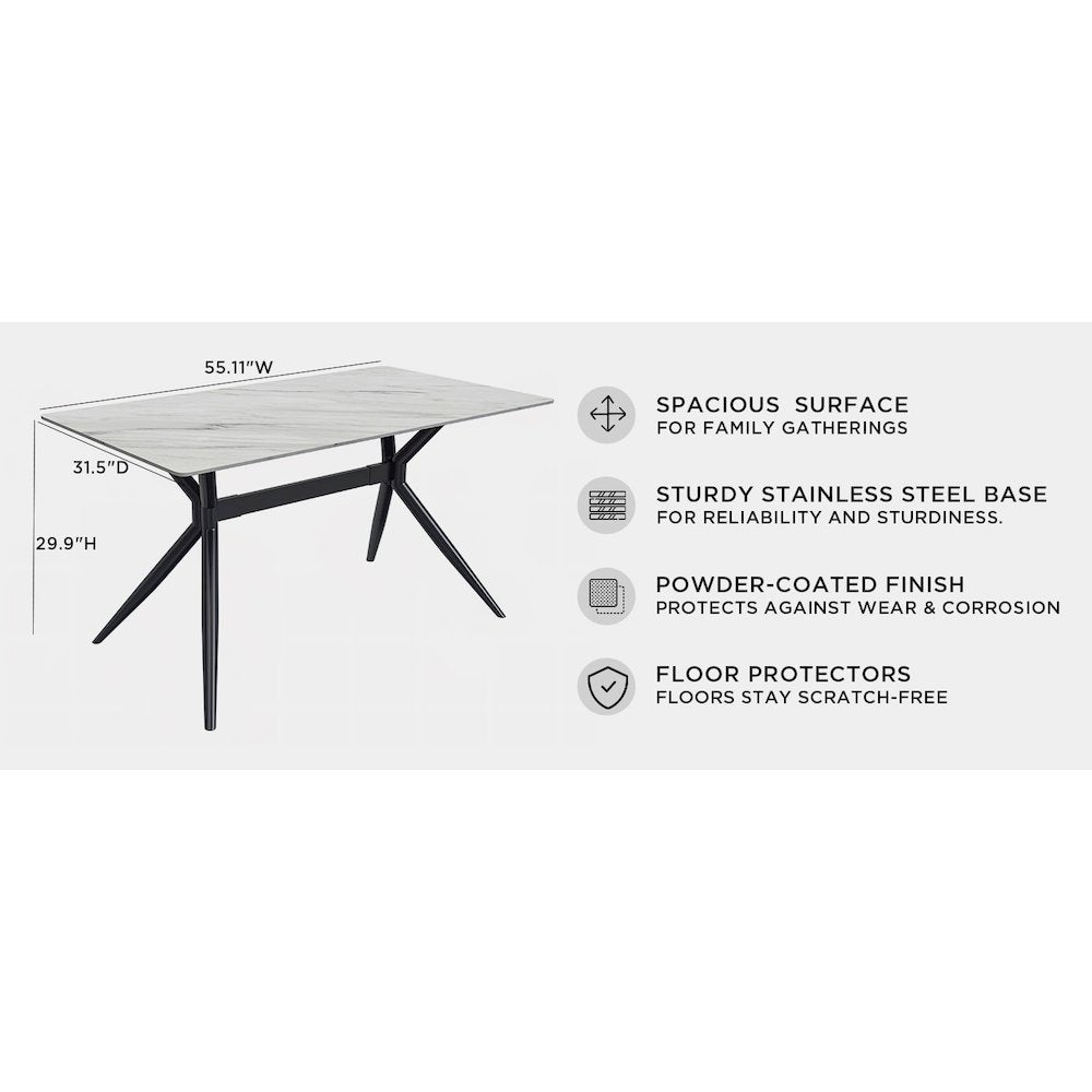 Elega Series Black Carbon Steel Dining Table 62 With White Sintered Stone Top