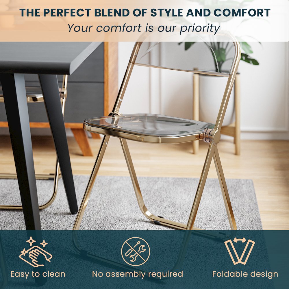 Lawrence Acrylic Folding Chair With Gold Metal Frame, Set of 4