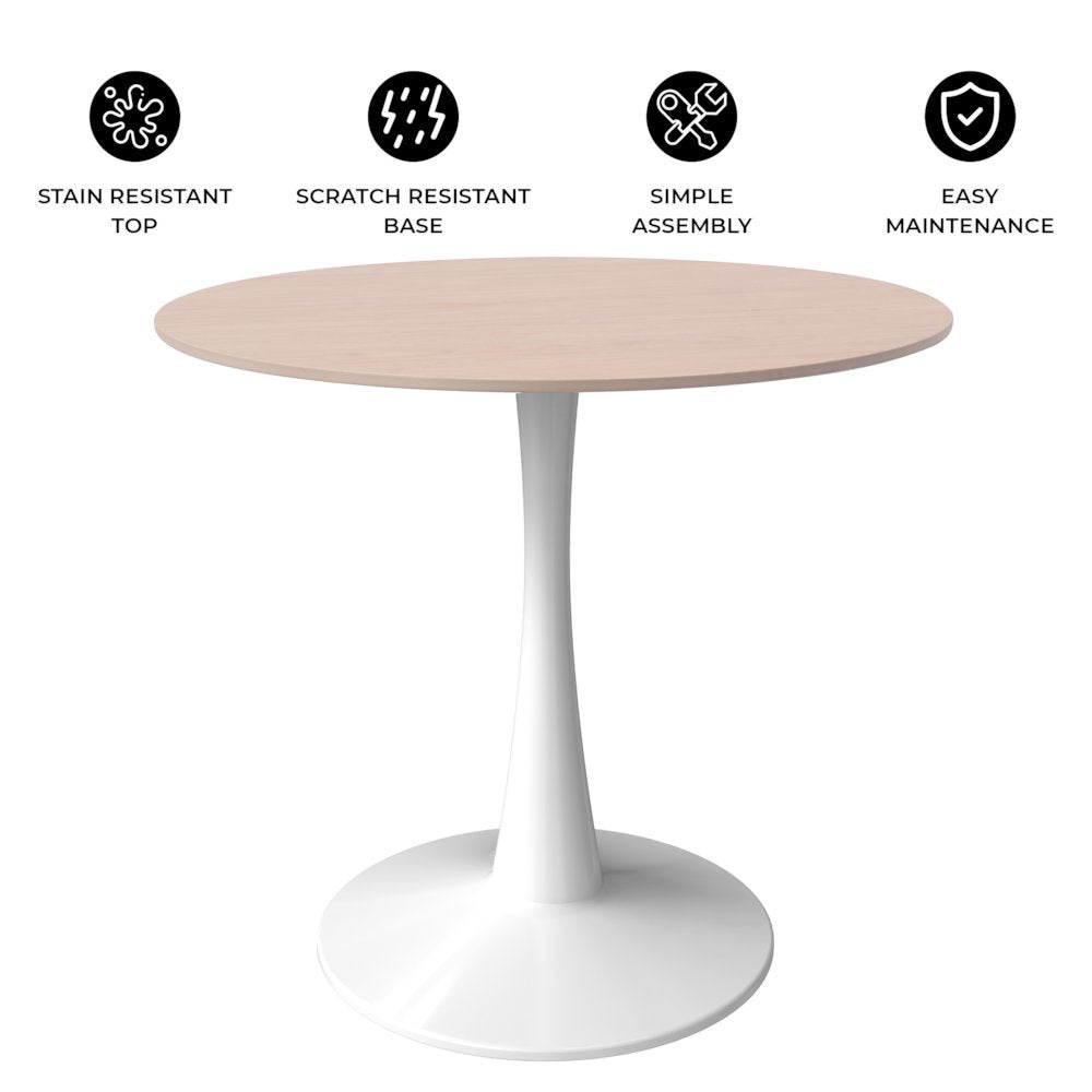 Bristol 27" Round Dining Table White Base with Sintered Stone Natural Wood Top