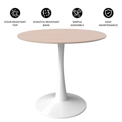 Bristol 27" Round Dining Table White Base with Sintered Stone Natural Wood Top
