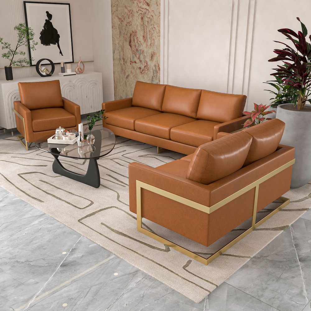 Lincoln Modern Mid-Century Upholstered Leather Sofa with Gold Frame
