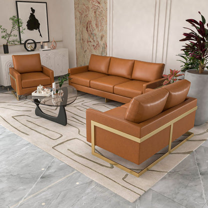 Lincoln Modern Mid-Century Upholstered Leather Sofa with Gold Frame