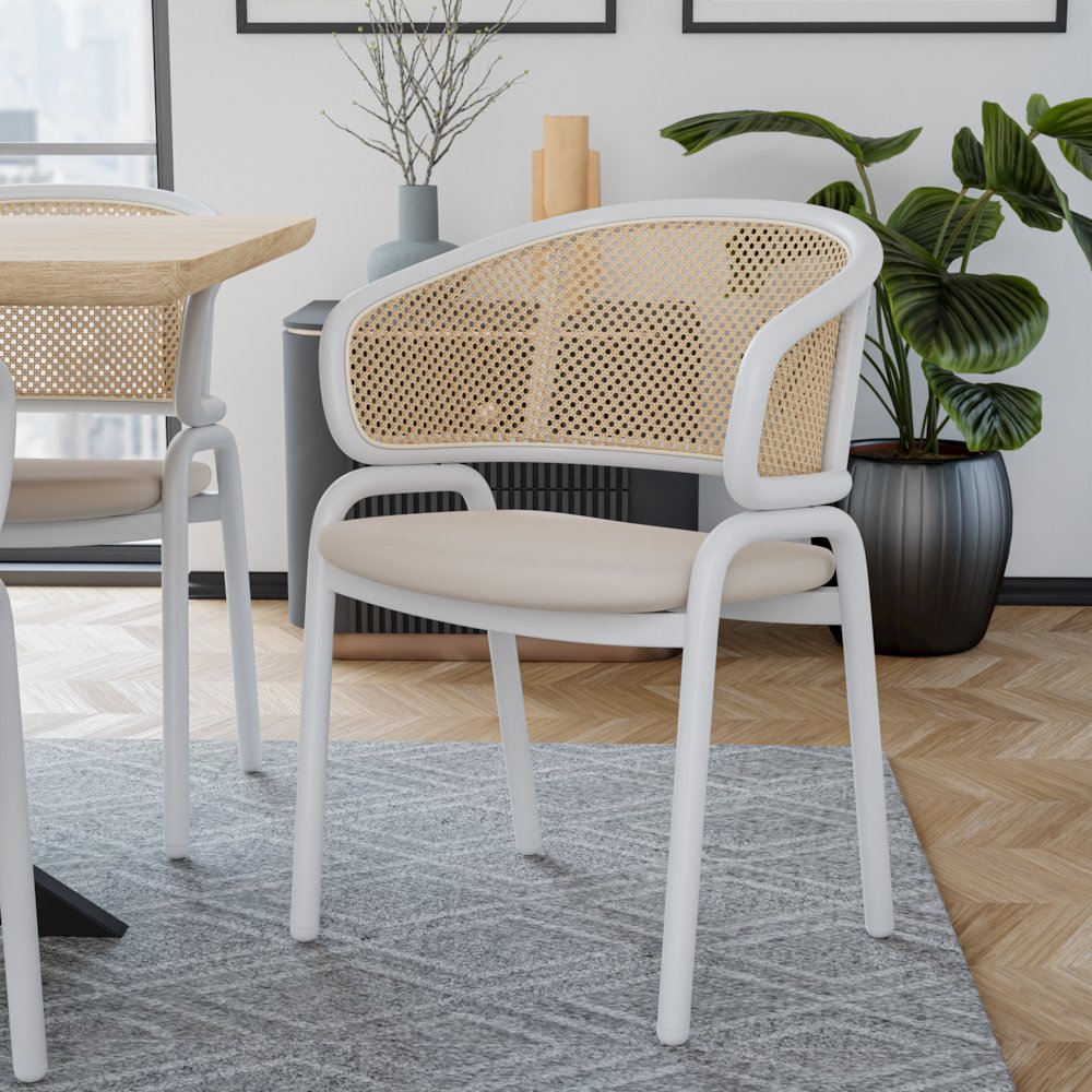 Ervilla Modern Dining Chair with White Powder Coated Steel Legs and Wicker Back